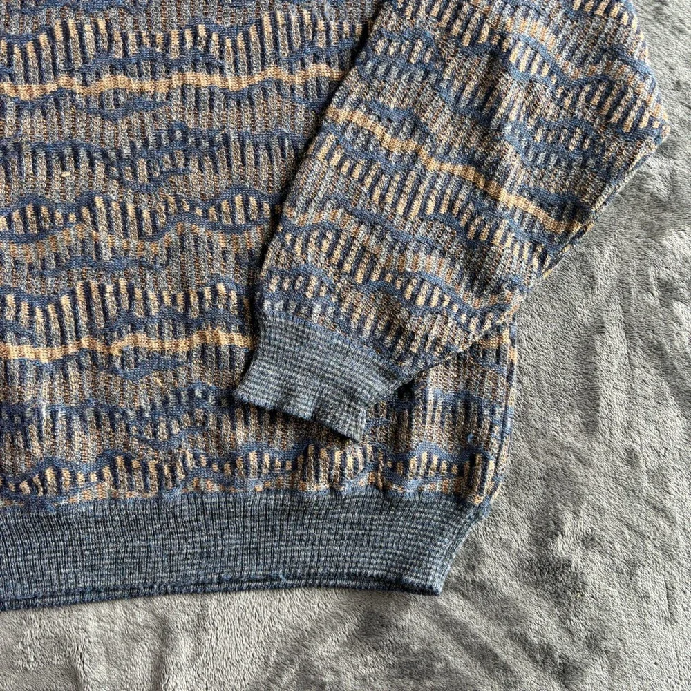 Tricots St Raphael Mens Large Vintage Blue Brown Geometric Wave‎ Knit Sweater L